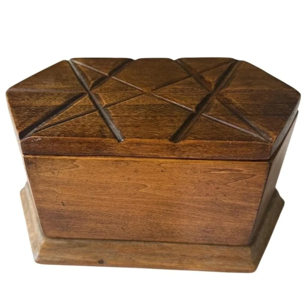Vintage Hand Carved Wood Box‎ Geometric Star Hexagon MCM Keepsake Chest 8.5